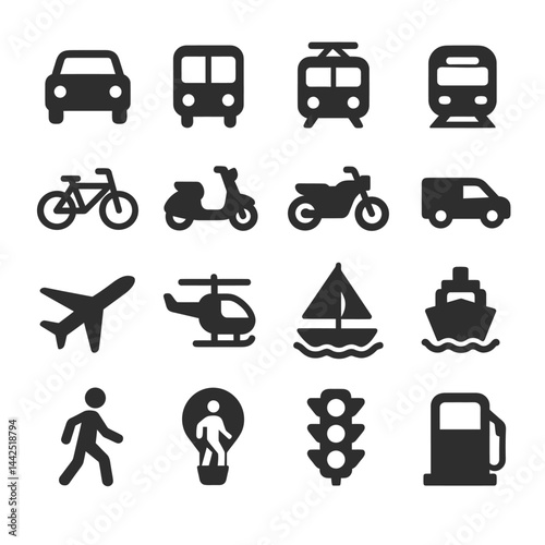 Set of black transportation icons including car, subway, tram, train, bicycle, scooter, motorcycle, van, airplane, helicopter, sailboat, cruise ship, pedestrian, hot air balloon, traffic light, and fu