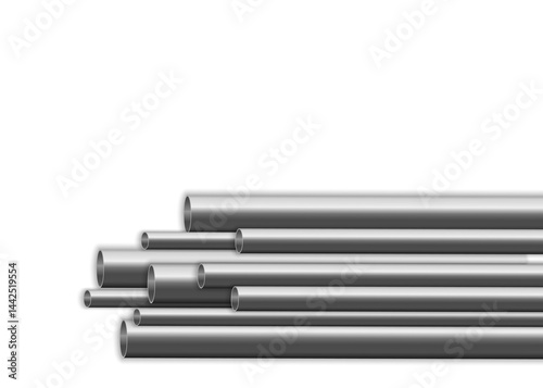 png shiny metallic tubing and black plastic cylinder stack for pipeline industry with stainless aluminium pipe and engineering profile in abstract three-dimensional construction on white background

