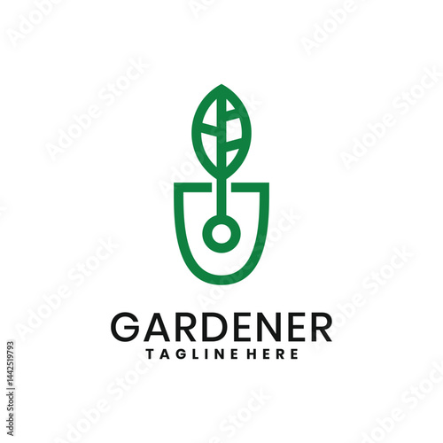 Modern gardener logo with shovel and leaf icon