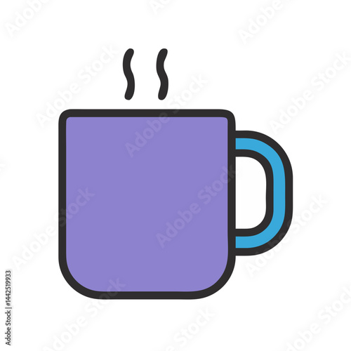 Simple graphic of a steaming hot coffee mug. A stylized, flat icon of a coffee mug filled with hot beverage, emitting steam.