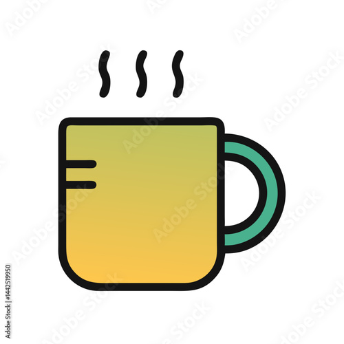 Simple graphic of a steaming hot coffee mug. A stylized, flat icon of a coffee mug filled with hot beverage, emitting steam.