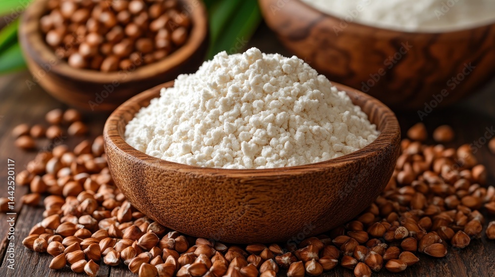 Wooden bowl filled with buckwheat flour, surrounded by buckwheat seeds Wooden bowl filled with buckwheat flour, surrounded by buckwheat seeds
