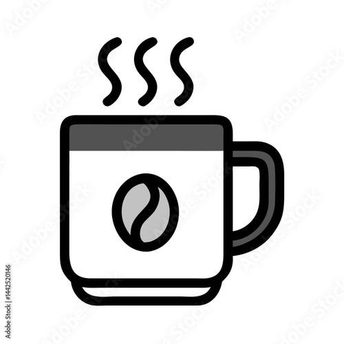 Simple graphic of a steaming hot coffee mug. A stylized, flat icon of a coffee mug filled with hot beverage, emitting steam.