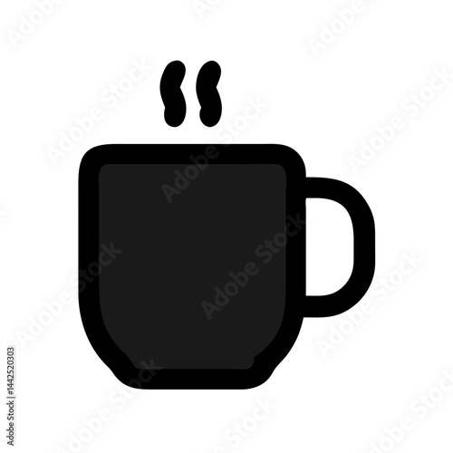 Simple graphic of a steaming hot coffee mug. A stylized, flat icon of a coffee mug filled with hot beverage, emitting steam.