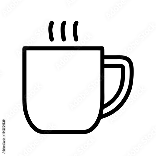 Simple graphic of a steaming hot coffee mug. A stylized, flat icon of a coffee mug filled with hot beverage, emitting steam.