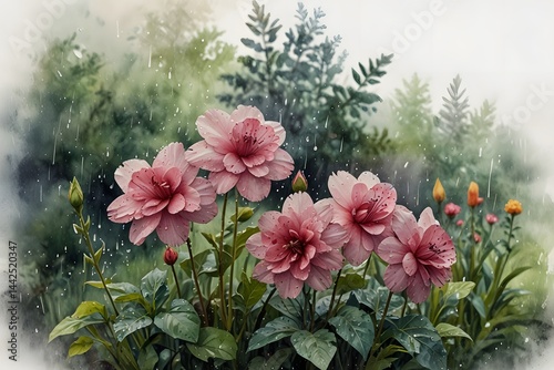 Fototapeta Naklejka Na Ścianę i Meble -  Rain-soaked flowers in a garden in watercolor style