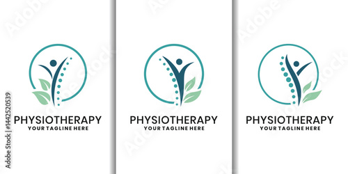 Physiotherapy and spine care logo with human and leaves