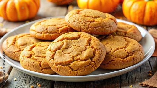 A close-up shot of a plate of cooling pumpkin spice cookies, showing their texture and appearance in detail, with a subtle sheen from the baking process , cookies, food