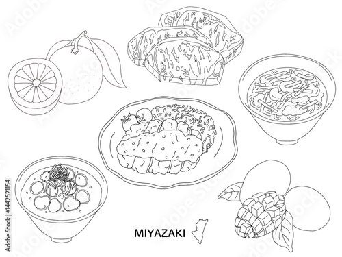 宮崎グルメ　線画のモノクロイラストセット