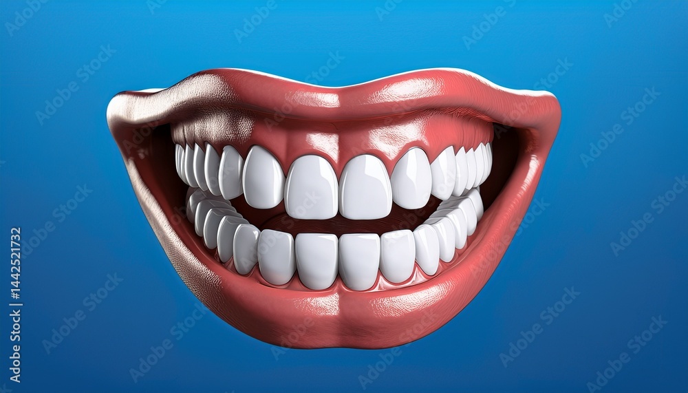 Naklejka premium Dentistry concept illustration - 3d rendering of white teeth denture mouth, isolated on blue background