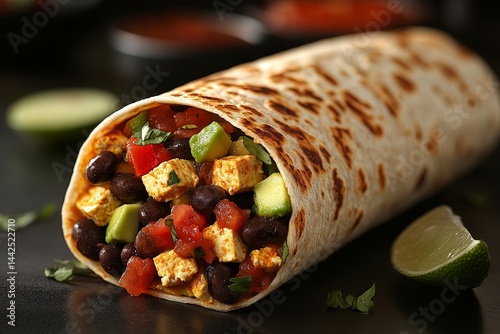 Delicious Tofu Burrito, Mexican Food, Dark Background, Restaurant photo