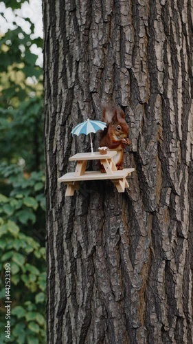 Charming squirrel picnic at miniature table with whimsical umbrella