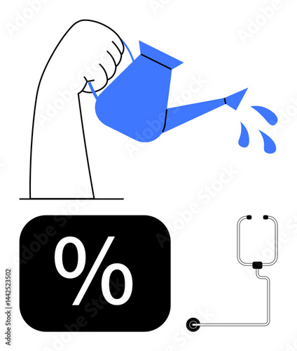 Arm holding watering can pouring water, black percentage sign block, stethoscope. Ideal for healthcare, finance, growth, investment, medical aid savings economic contribution. Flat simple metaphor