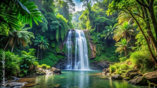 A serene and peaceful majestic natural waterfall surrounded by lush greenery in a dense tropical forest with tall trees and exotic plants , nature, forest
