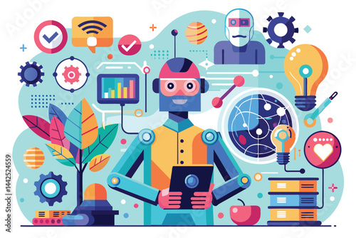 Vibrant illustration featuring a robot surrounded by technology icons representing AI, innovation, and digital interaction. Ideal for depicting futuristic concepts and the evolving digital landscape