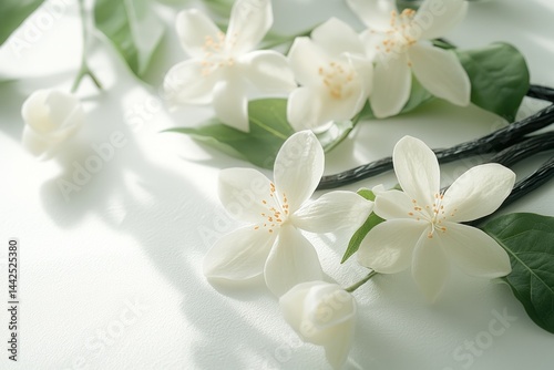 Fresh white flowers and vanilla pods