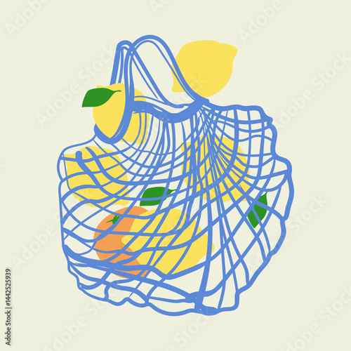 Reusable shopping mesh bag with organic lemons. Vector illustration in flat doodles style