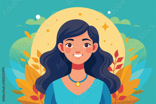 Colorful illustration of a cheerful woman with long hair, surrounded by vibrant leaves and natural elements. The scene evokes a sense of joy and connection with nature.