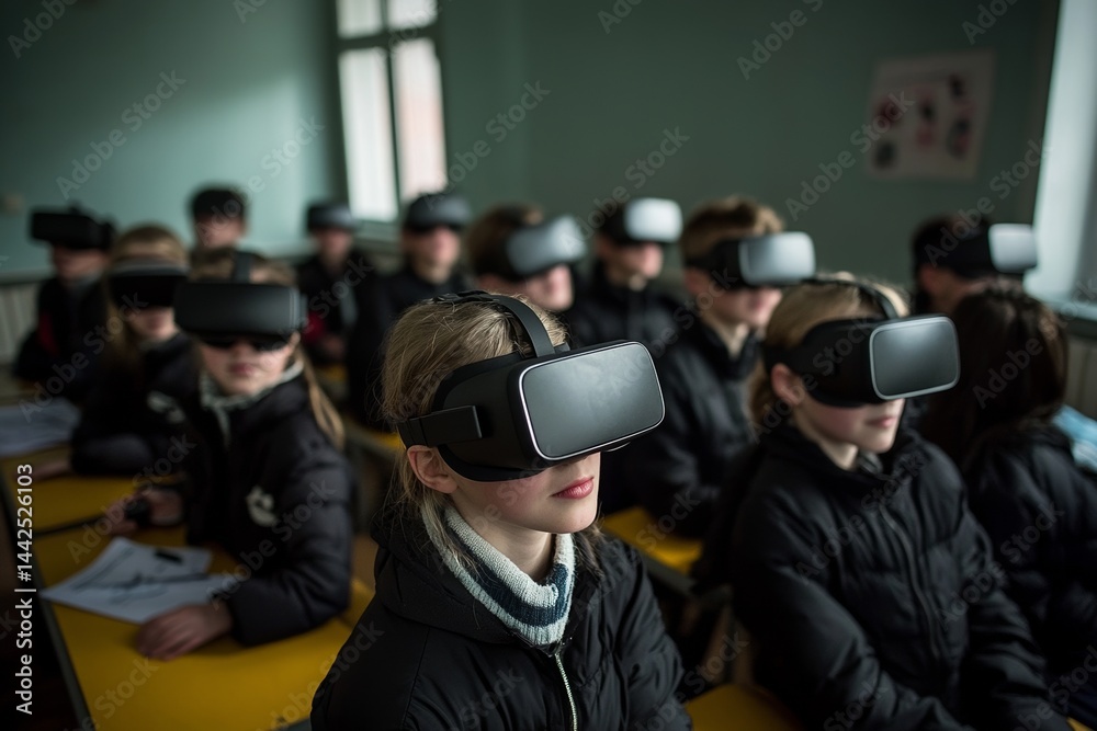 A group of 10-year-old students wear virtual reality headsets in the classroom and generate content with AI