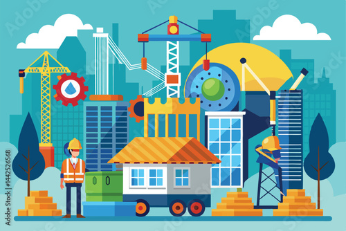 Vector illustration depicting a vibrant construction scene with workers, buildings, and machinery, representing teamwork, engineering, and urban development.