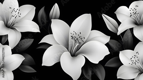 Elegant Monochrome Lilies Floral Design Black Background