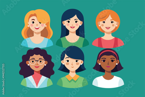Vibrant illustration showing six diverse women with different hairstyles and features, all smiling warmly. Represents diversity, friendship, and unity among women from various backgrounds.