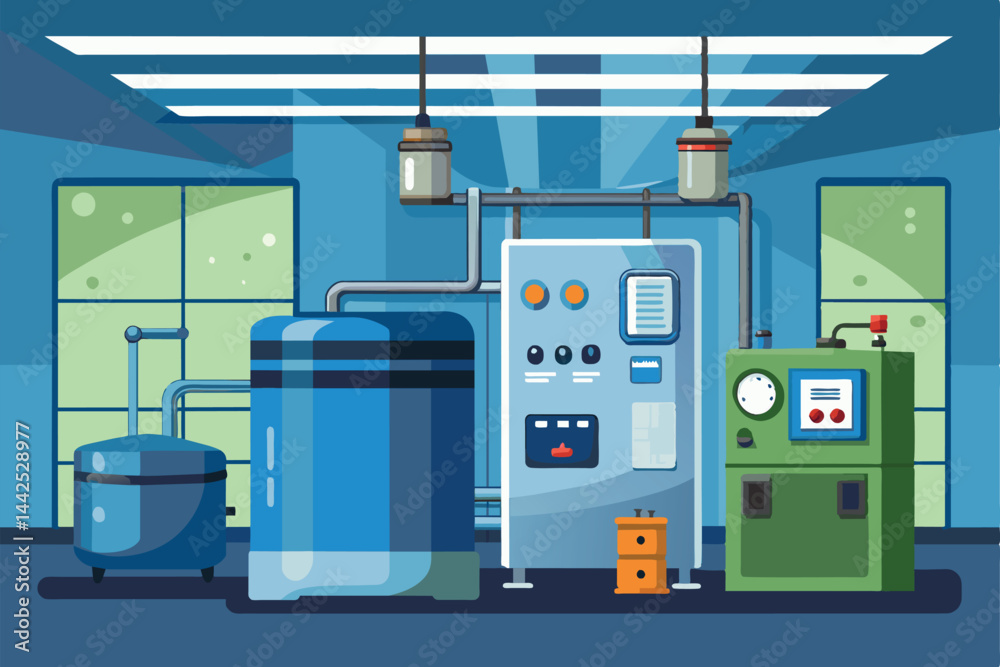 Illustration of advanced industrial machinery in a well-lit factory environment. Features control panels and equipment in blue and green tones, symbolizing technology and manufacturing efficiency.