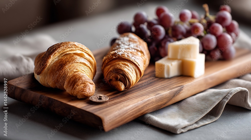 Elegant still life composition with croissants, cheese, and grapes on wood block