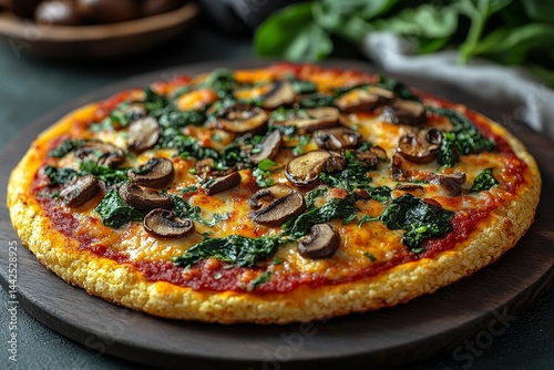 Delicious mushroom spinach pizza on dark wood