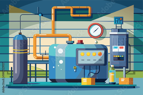 Illustration of industrial equipment featuring a control panel, pressure gauge, and various pipes, showcasing technology and manufacturing processes in a vibrant, colorful style.