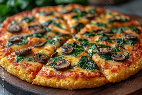 Delicious mushroom spinach pizza on wood (1)