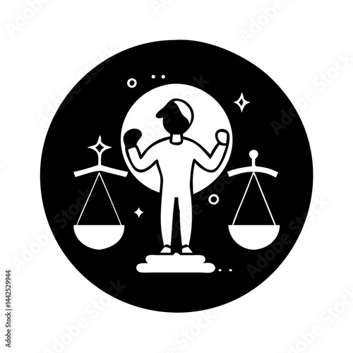A balanced figure standing on a cloud with scales beside them