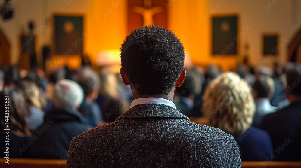 Young Man Attends Church Conference: Engaged Audience in Spiritual Gathering