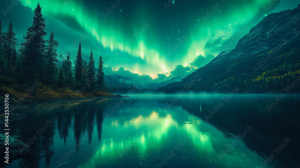 Breathtaking Northern Lights Over Serene Lake and Forest Landscape for Nature Enthusiasts