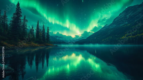 Obraz na płótnie Breathtaking Northern Lights Over Serene Lake and Forest Landscape for Nature Enthusiasts w salonie