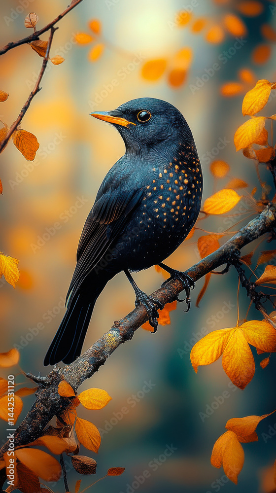 Elegant Blackbird Perched on Autumn Branch with Vibrant Leaves in Serene Nature