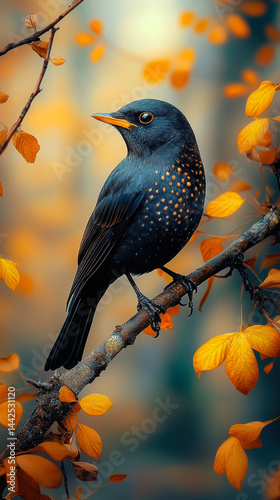 Obraz na płótnie Elegant Blackbird Perched on Autumn Branch with Vibrant Leaves in Serene Nature w salonie