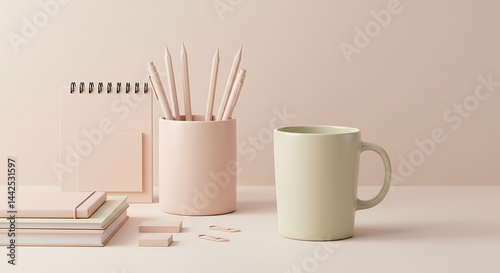 stylish mug mock up next to pastel stationery items, modern workspace theme, digital illustration, pastel background