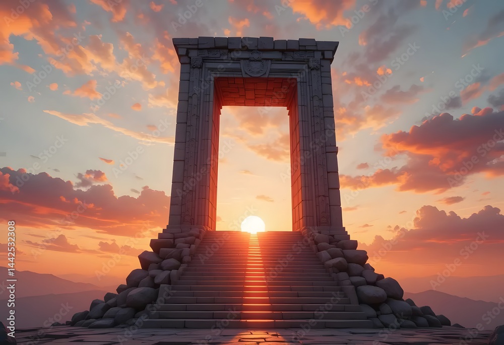 Fototapeta premium Floating Ancient Stone Archway with Ethereal Stairs