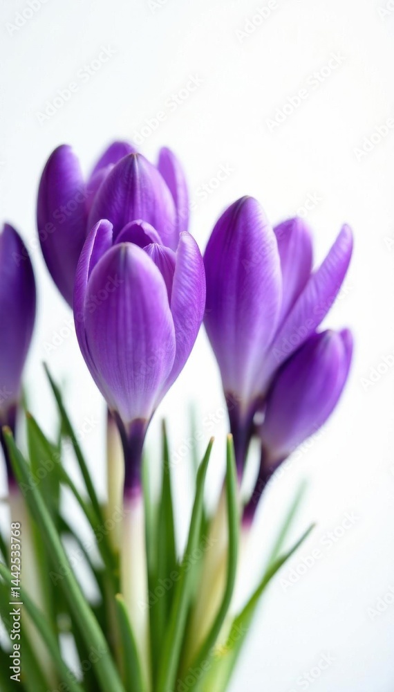 Several vibrant purple crocuses, pristine white backdrop, spring, springtime Several vibrant purple crocuses, pristine white backdrop, spring, springtime