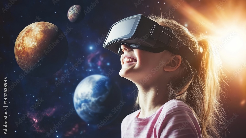 Naklejka premium The illusion of a little girl wearing virtual reality glasses