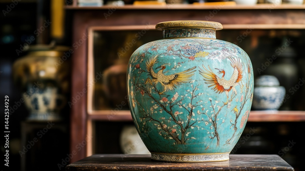 Fototapeta premium Antique ceramic vase with vibrant floral and bird motifs