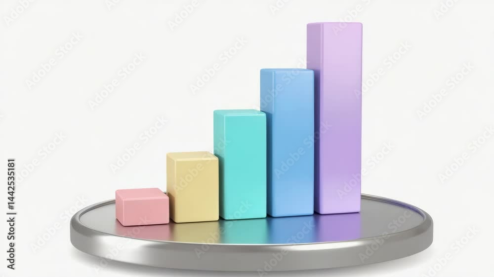 A pastel-colored 3D bar graph with five ascending blocks stands on a round metallic platform against a white background. A pastel-colored 3D bar graph with five ascending blocks stands on a round metallic platform against a white background.