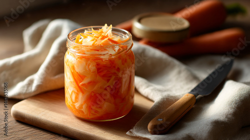 Homemade carrot sauerkraut recipe in a jar on wooden board with knife and cloth background