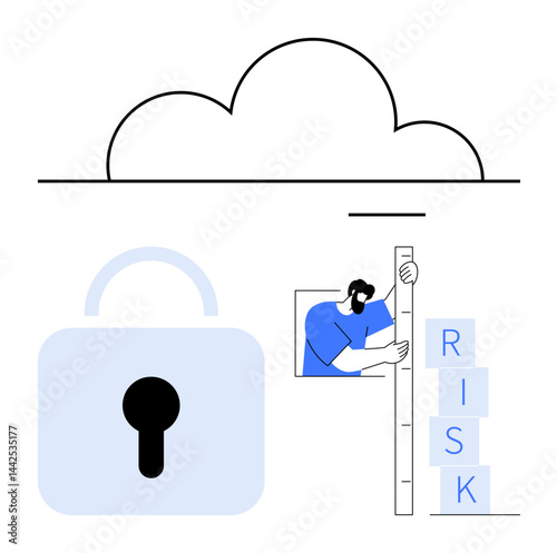 Cloud with a large lock symbolizing security and user assessing risk using labeled blocks and a ruler. Ideal for cybersecurity, data protection, cloud computing, online safety, IT strategy, risk