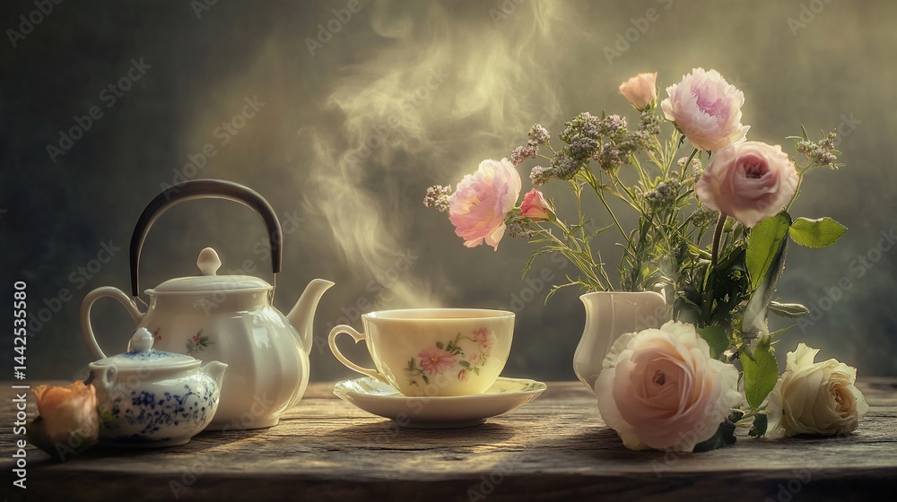 Steaming teacup and teapot with roses on rustic wood.