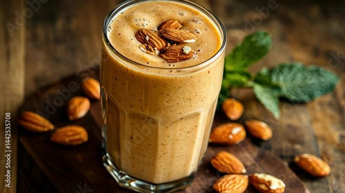 Delicious almond smoothie with nuts and mint on a wooden surface.