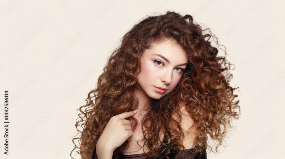 Naklejka premium An eye-catching stock photo of young woman with voluminous ringlet curls, studio portrait, ideal for creative, commercial, or editorial purposes.