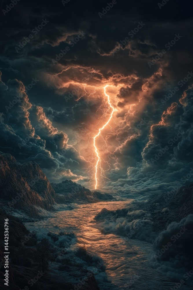 Fototapeta premium Epic lightning storm over mountain river