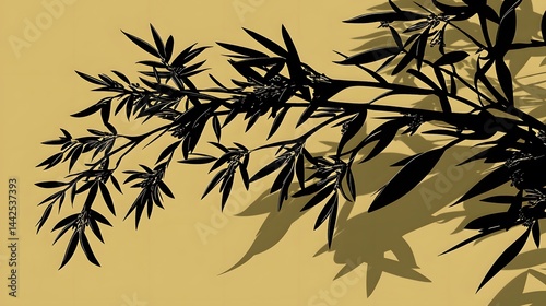 Elegant Black Silhouette Branch with Leaves and Shadows on Beige Background